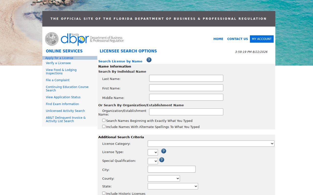 Sunny Isles Beach resident lookup in the DBPR licensee name search