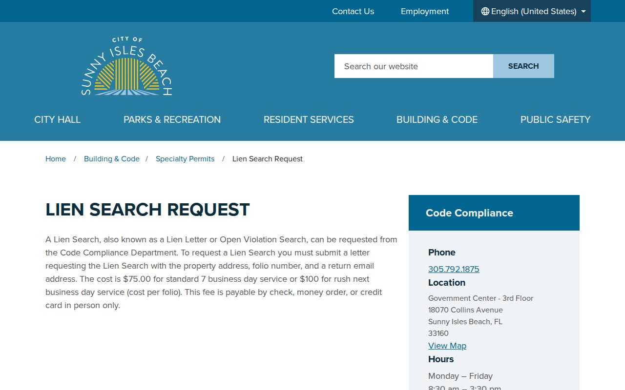 Sunny Isles Beach street directory city lien request